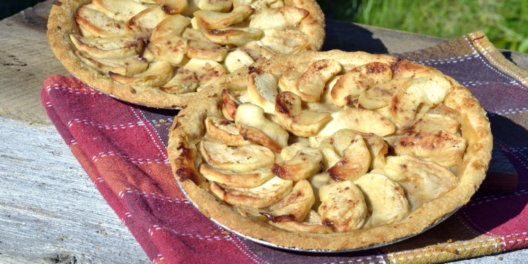 Two French apple pies on table with classic tablecloth.