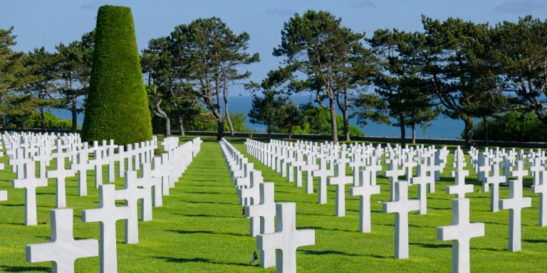 The Normandy American Cementary at Colleville-sur-Mer with many white crosses