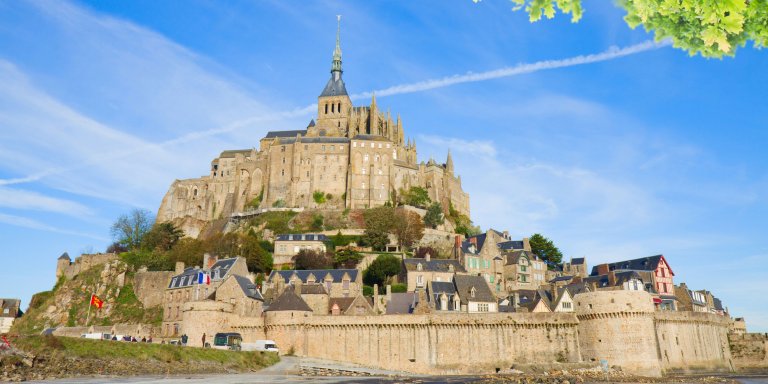 Mont Saint-Michel, a historic abbey perched on a rocky island in Normandy, France.