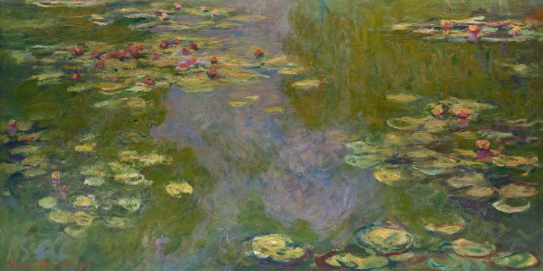 A painting of water lilies floating on a calm pond by Claude Monet.